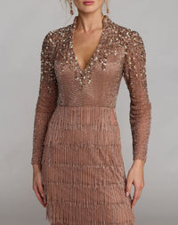 Brown Beaded Long Sleeve Fringe Column Gown