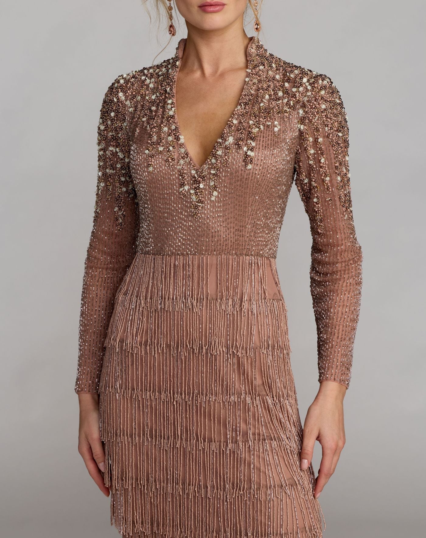 Brown Beaded Long Sleeve Fringe Column Gown