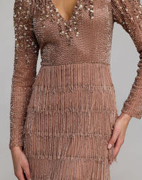 Brown Beaded Long Sleeve Fringe Column Gown