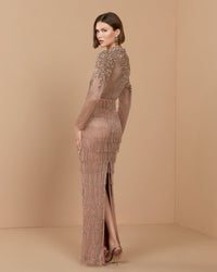 Mac Duggal 6188 mocha beaded long sleeve fringe column gown — front
