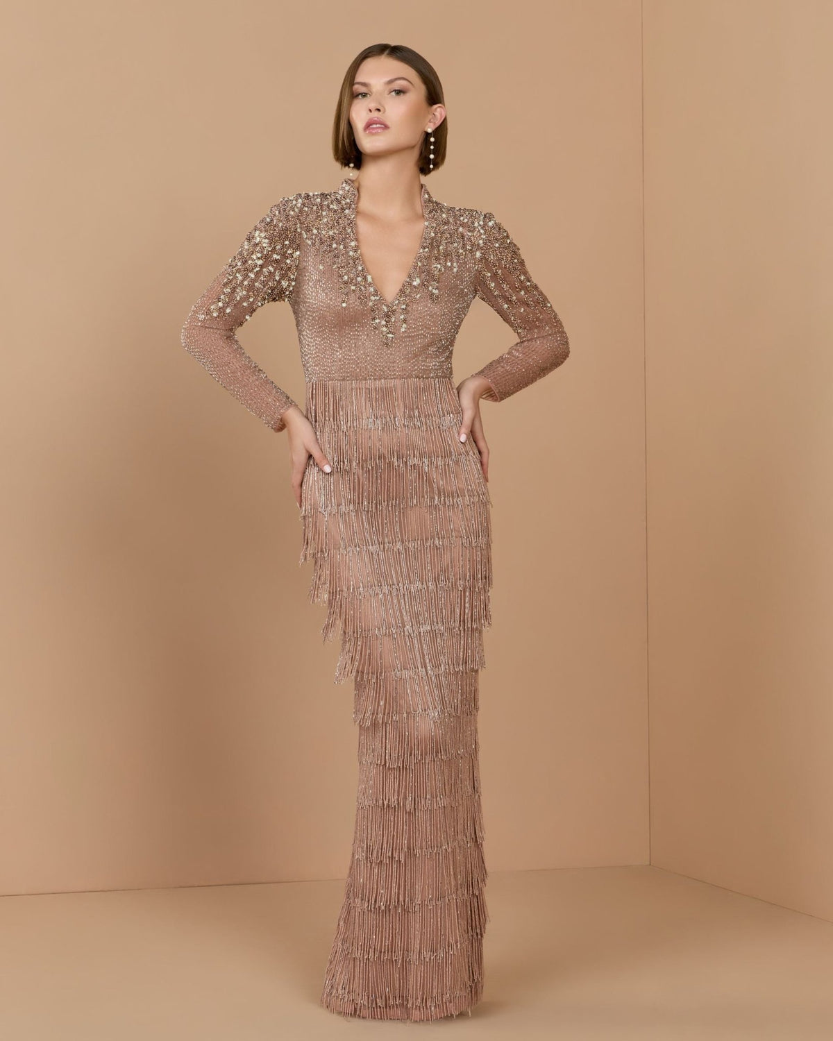 Brown Beaded Long Sleeve Fringe Column Gown