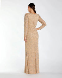 Mac Duggal Long Sleeve Beaded Blouson Gown #6189 Nude Silver Modest Dress