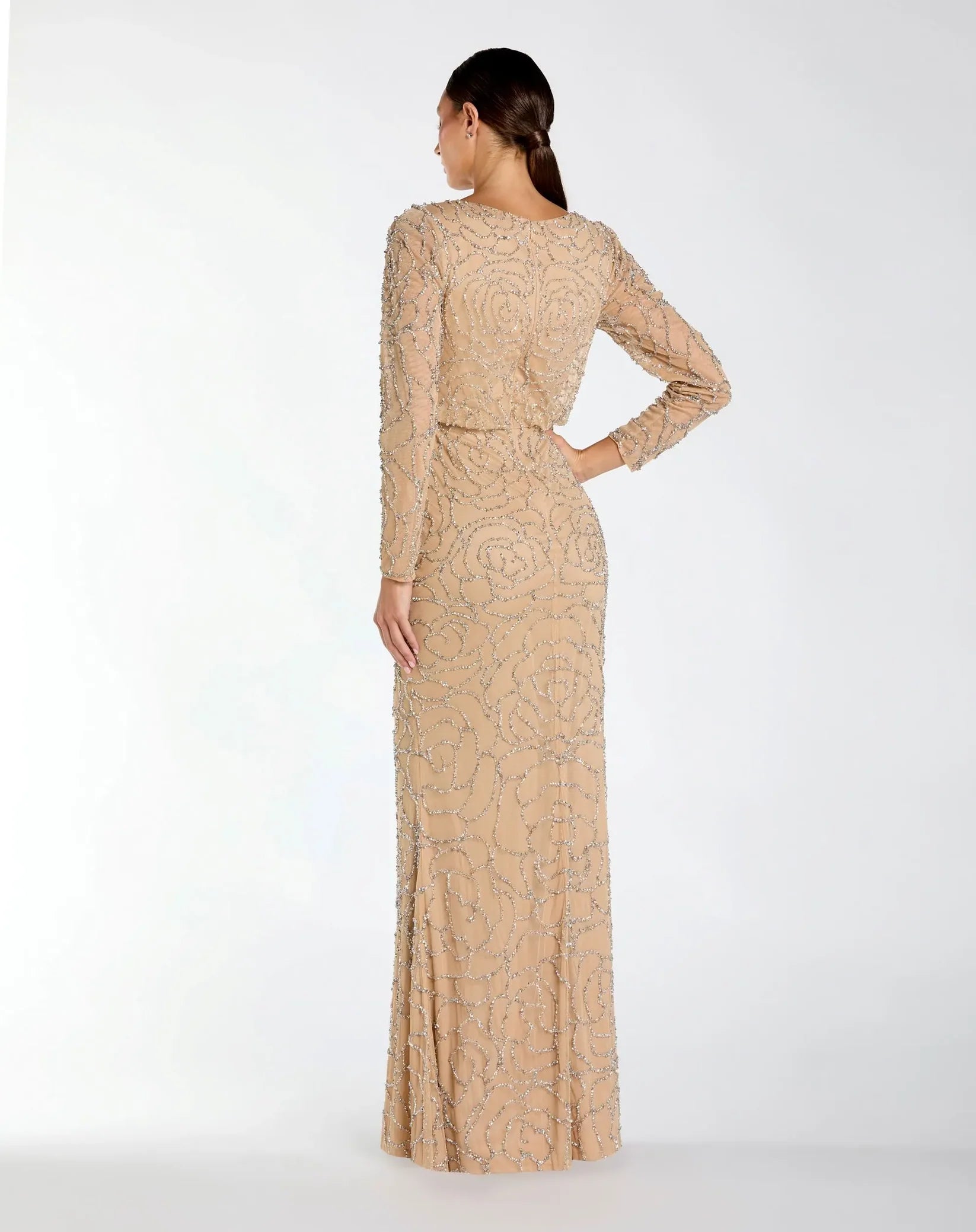 Mac Duggal Long Sleeve Beaded Blouson Gown #6189 Nude Silver Modest Dress
