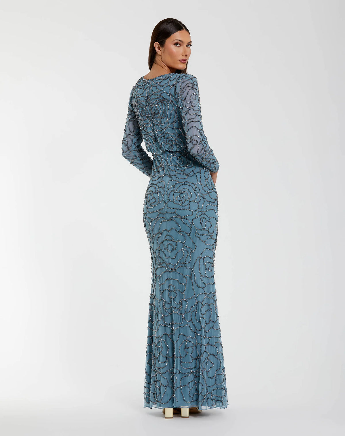 Mac Duggal Blue Long Sleeve Beaded Blouson Gown #6189