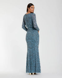 Mac Duggal Blue Long Sleeve Beaded Blouson Gown #6189