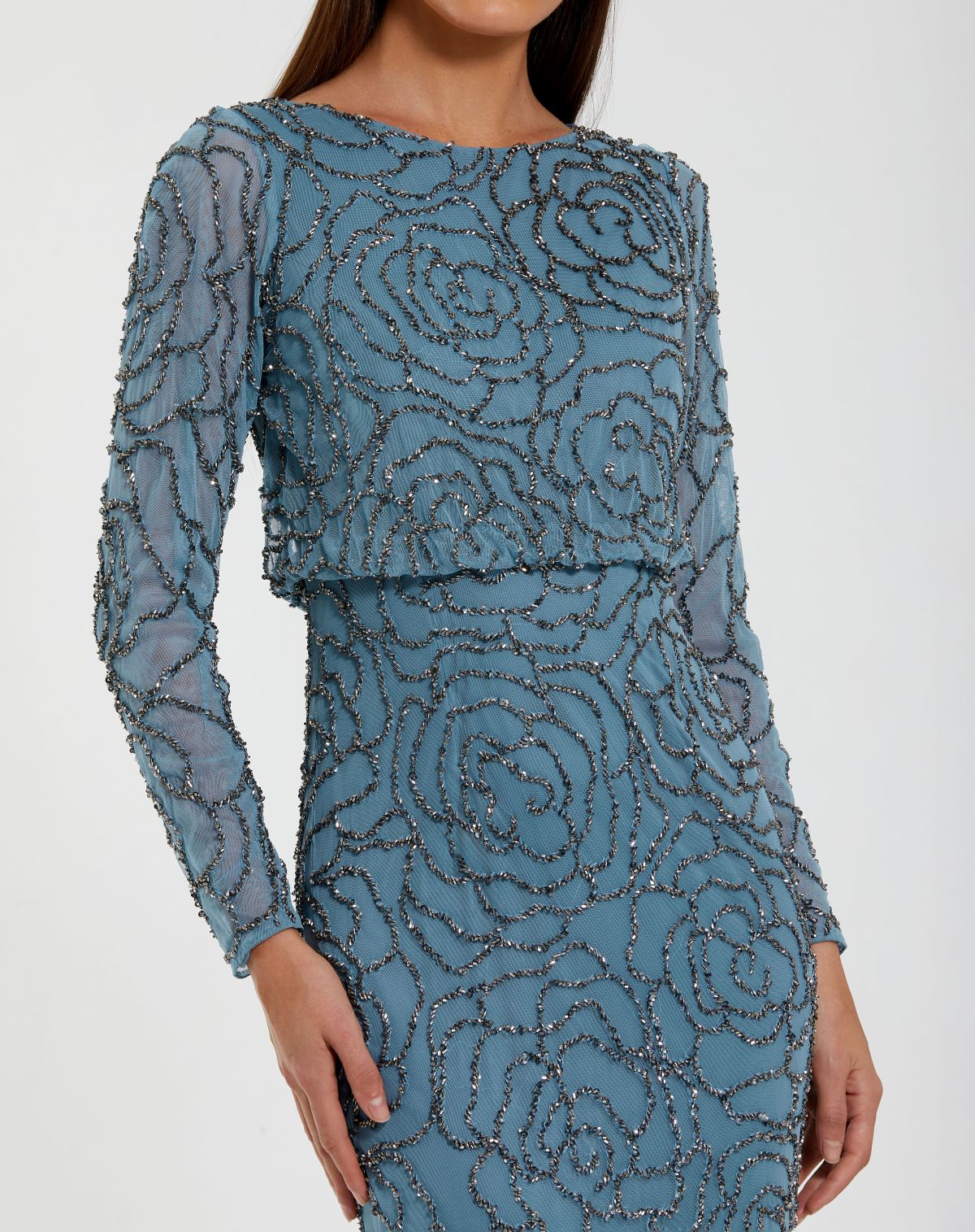 Mac Duggal Blue Long Sleeve Beaded Blouson Gown #6189