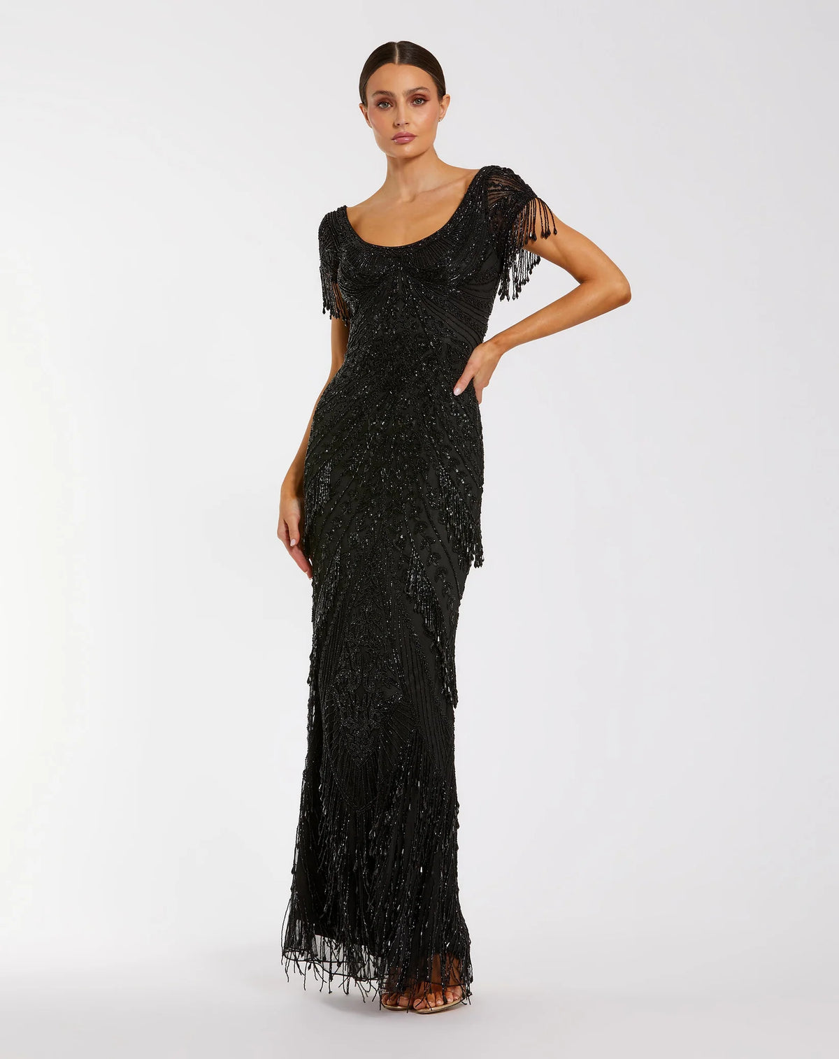 Mac Duggal Black Cap Sleeve Beaded Fringe Column Gown #6190 Shaide Boutique Mac Duggal Black Cap Sleeve Beaded Fringe Column Gown #6190 Shaide Boutique