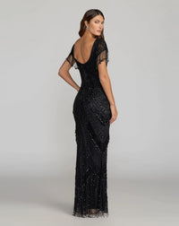 Mac Duggal Black Cap Sleeve Beaded Fringe Column Gown #6190