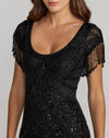 Mac Duggal Black Cap Sleeve Beaded Fringe Column Gown #6190