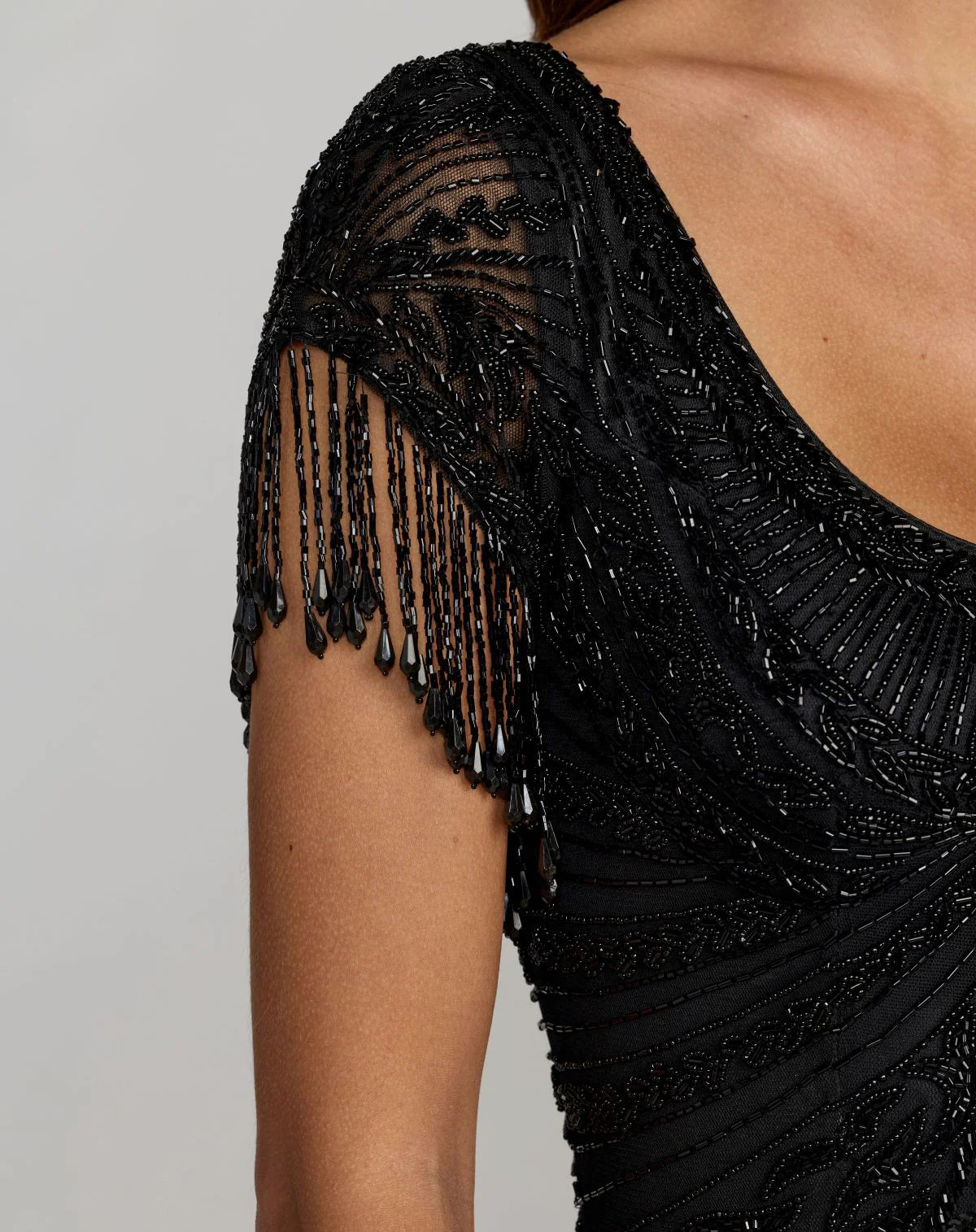 Mac Duggal Black Cap Sleeve Beaded Fringe Column Gown #6190
