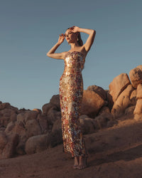 Floral Embellished Strapless Column Dress - Gold