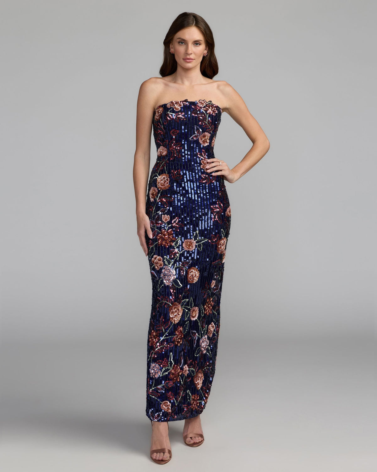 Mac Duggal #6193 midnight multi floral embellished strapless column dress
