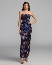 Mac Duggal #6193 midnight multi floral embellished strapless column dress