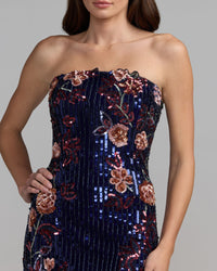 Mac Duggal #6193 midnight multi floral embellished strapless column dress close-up
