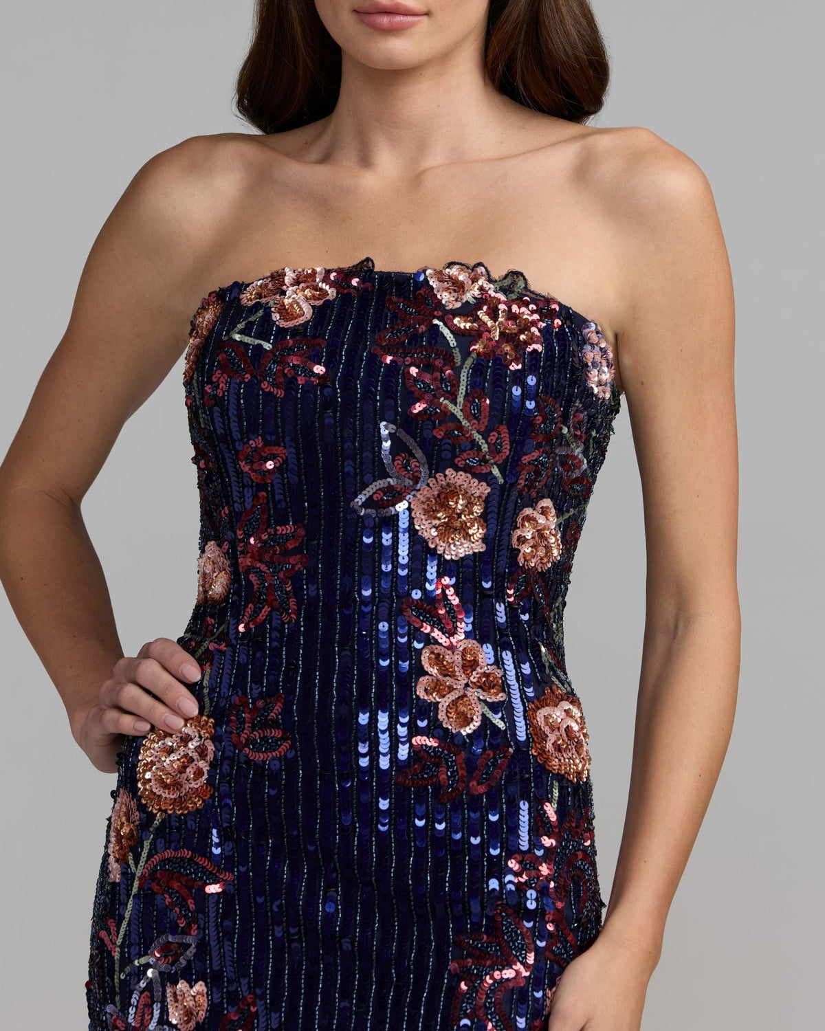 Mac Duggal #6193 midnight multi floral embellished strapless column dress close-up