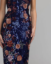 Mac Duggal #6193 midnight multi floral embellished strapless column dress close-up