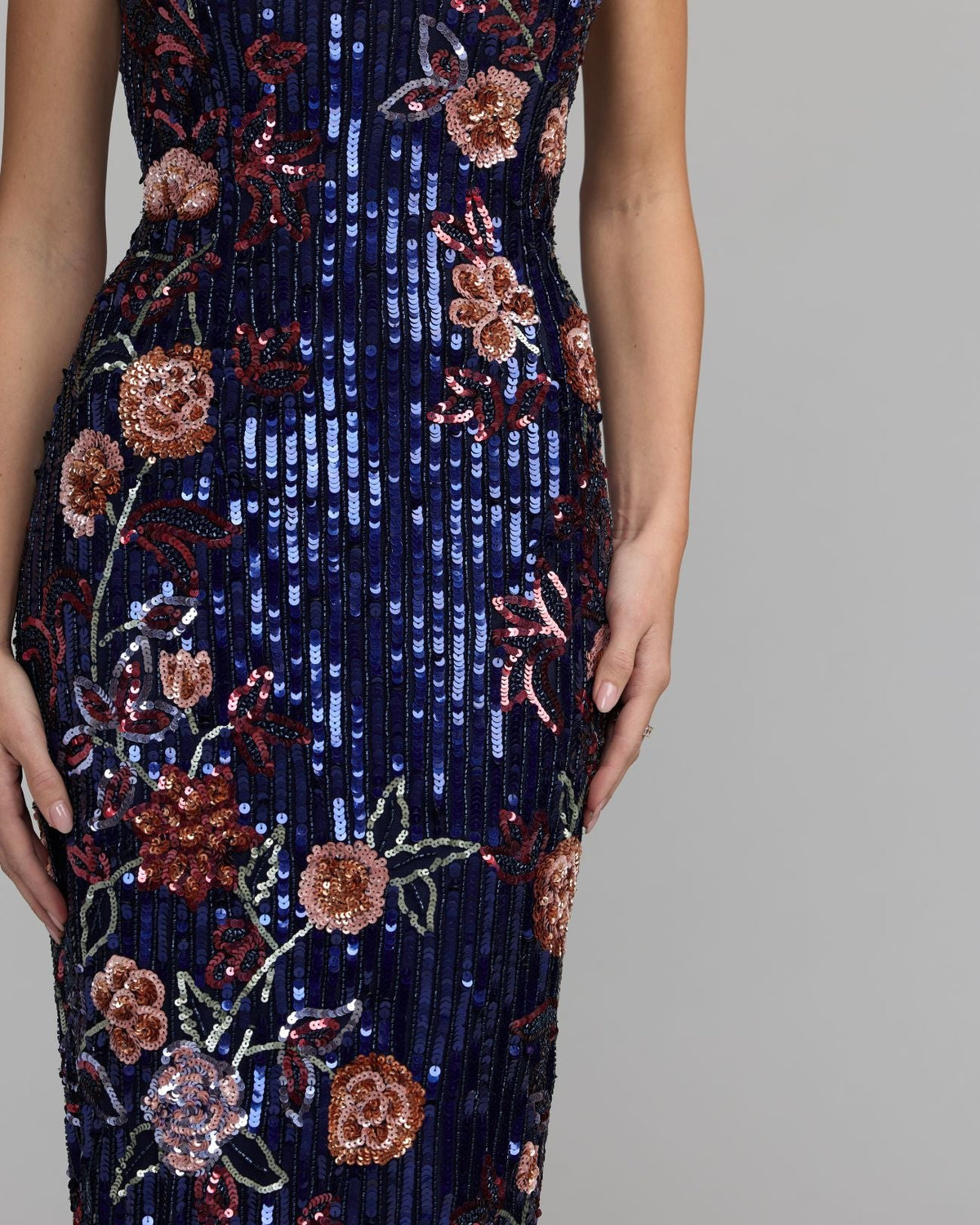 Mac Duggal #6193 midnight multi floral embellished strapless column dress close-up