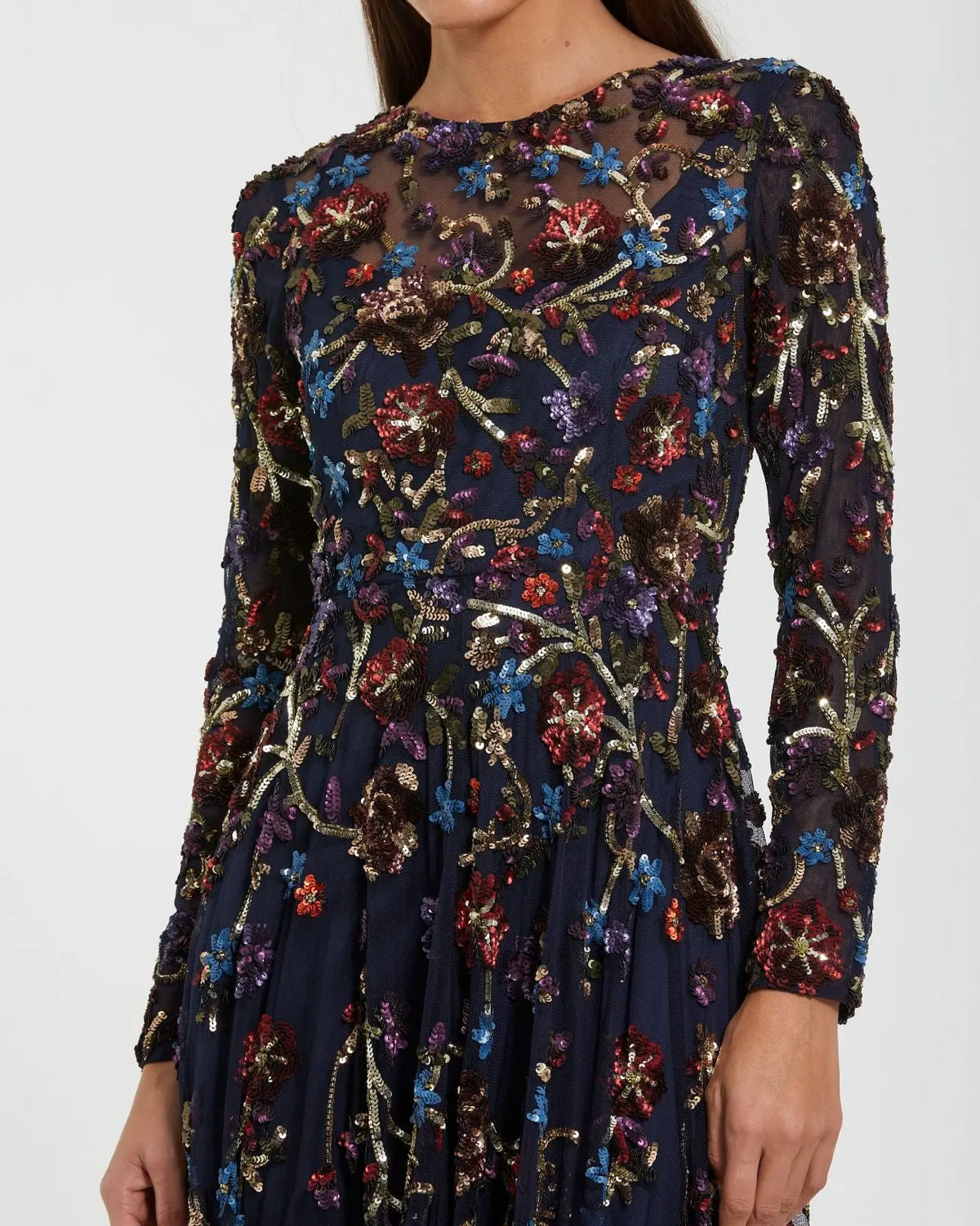 Beaded Long Sleeve High Neck A-Line Gown - Navy