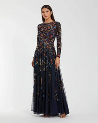 Beaded Long Sleeve High Neck A-Line Gown - Navy