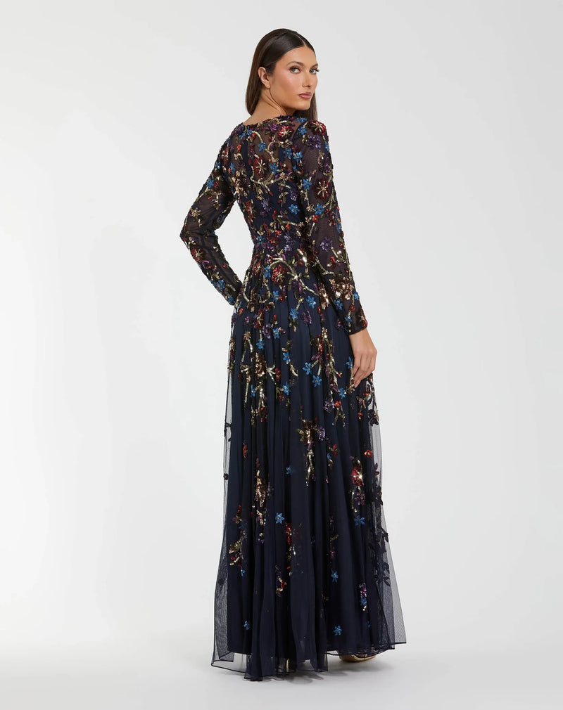 Beaded Long Sleeve High Neck A-Line Gown - Navy