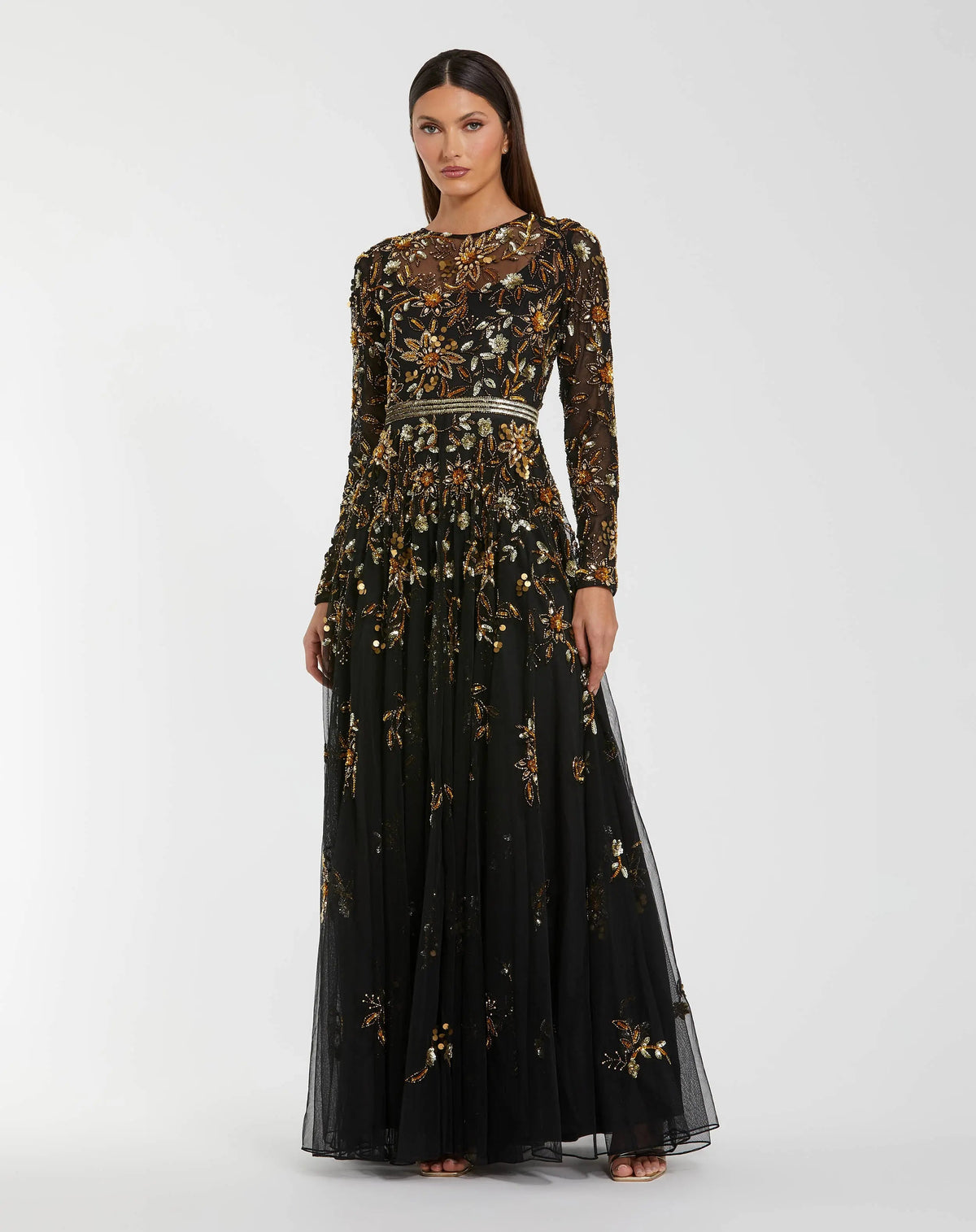 Mac Duggal 6200 Black Gold hand embellished long sleeve A line gown - Front