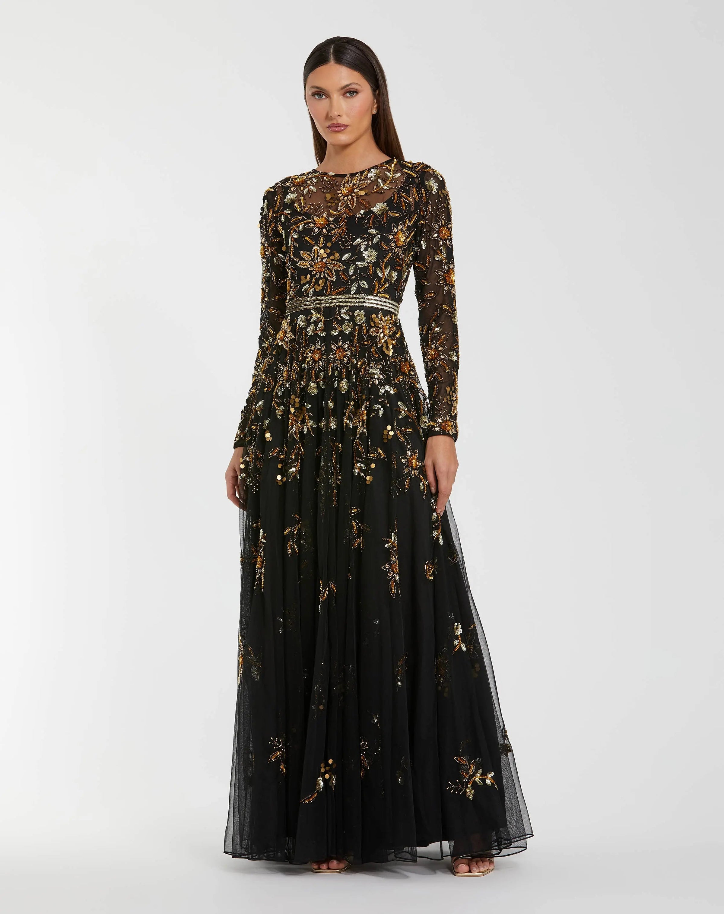 Mac Duggal 6200 Black Gold hand embellished long sleeve A line gown - Front