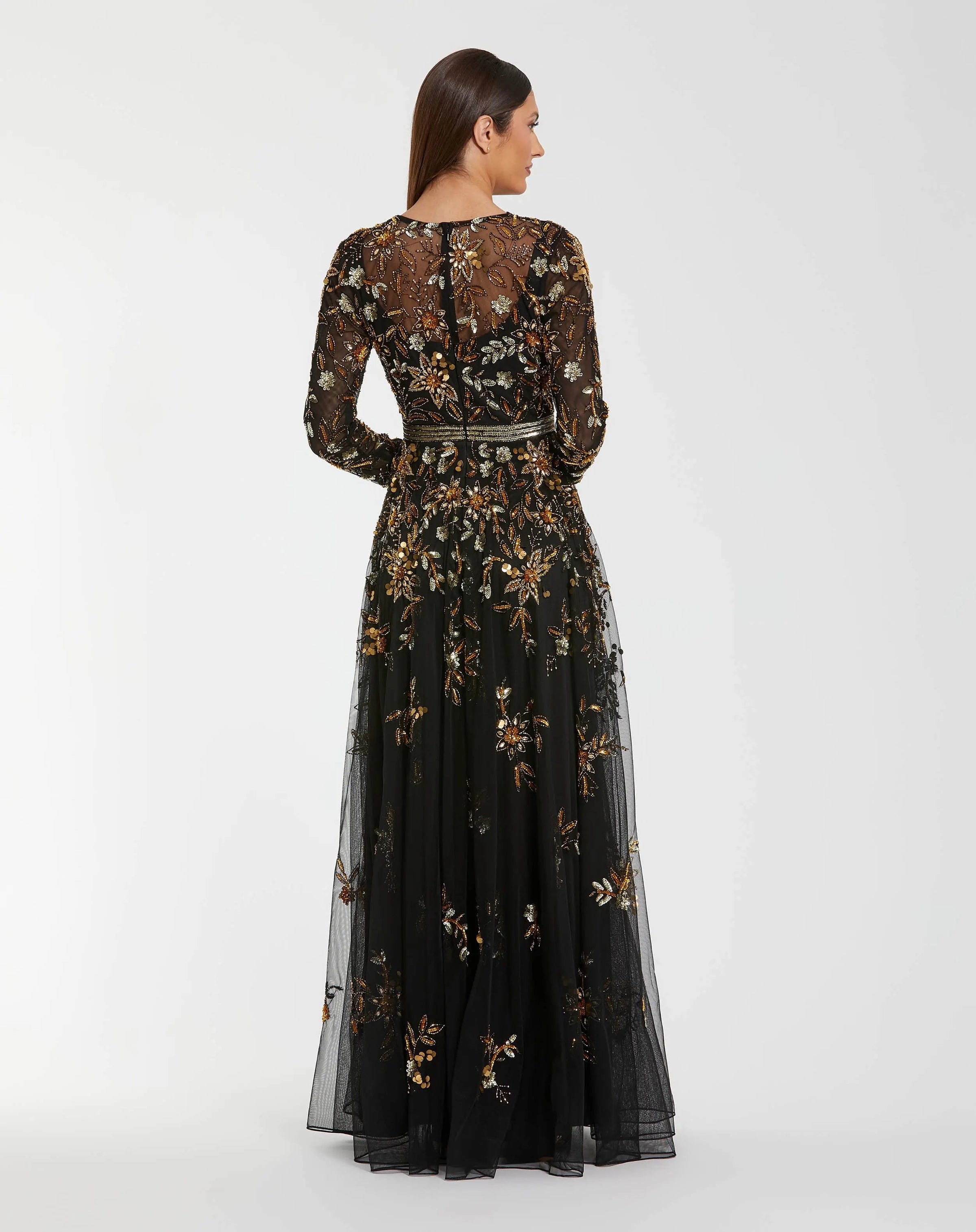 Mac Duggal 6200 Black Gold hand embellished long sleeve A line gown - Back view