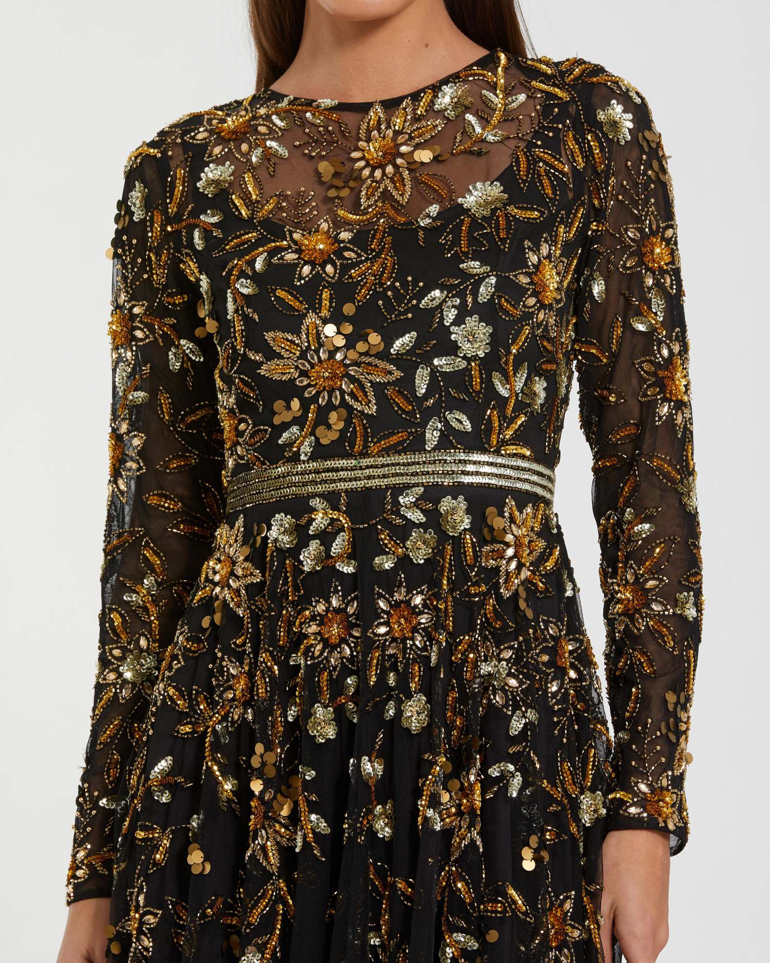 Mac Duggal 6200 Black Gold hand embellished long sleeve A line gown - Close up detail