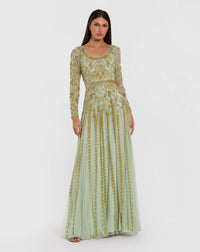 Mac Duggal 6201 Light Sage beaded long sleeve scoop neck A line gown - Front