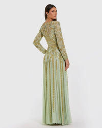 Mac Duggal 6201 Light Sage beaded long sleeve scoop neck A line gown - Back view