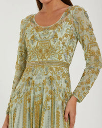 Mac Duggal 6201 Light Sage beaded long sleeve scoop neck A line gown - Close up detail