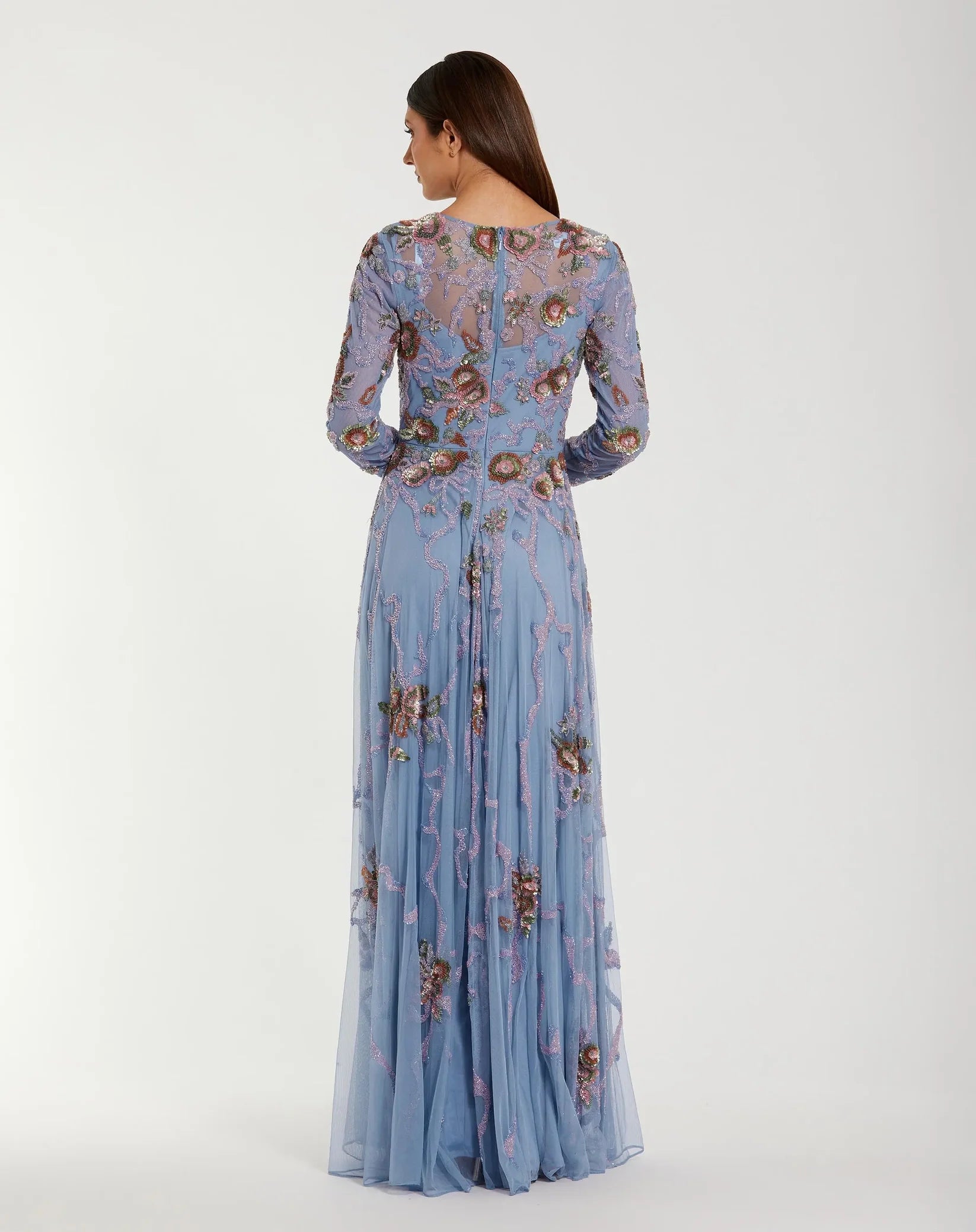 Mac Duggal Blue Long Sleeve Floral Beaded Gown Slate Blue #6202