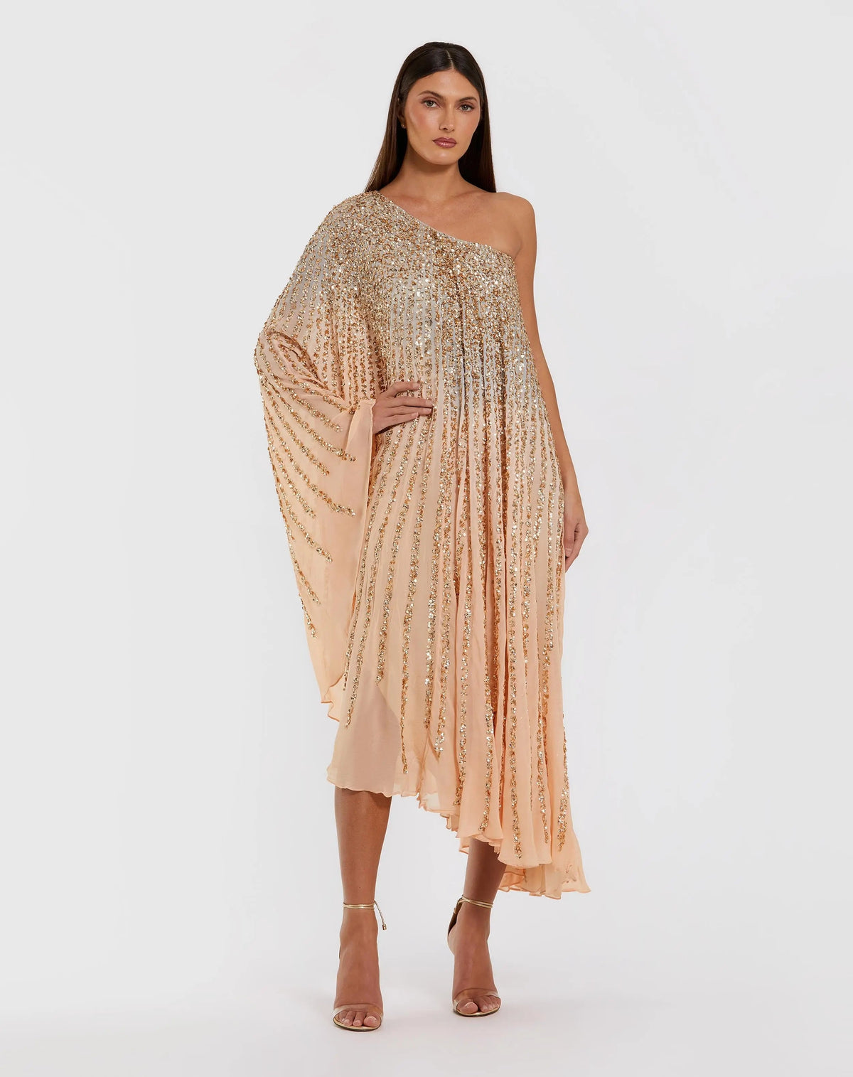 Gold One Shoulder Ombre Sequin Kaftan Dress