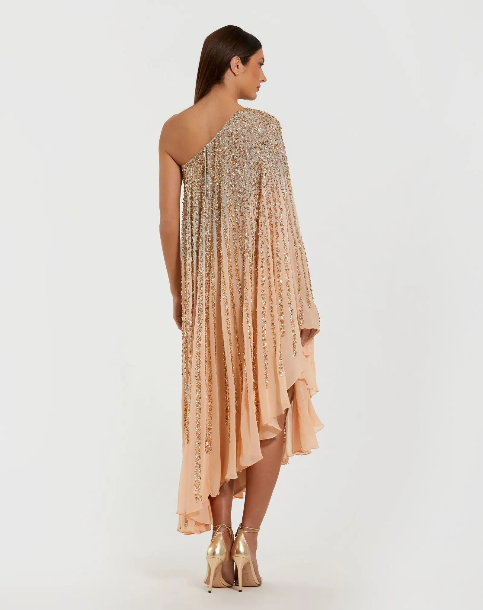 Gold One Shoulder Ombre Sequin Kaftan Dress - Back