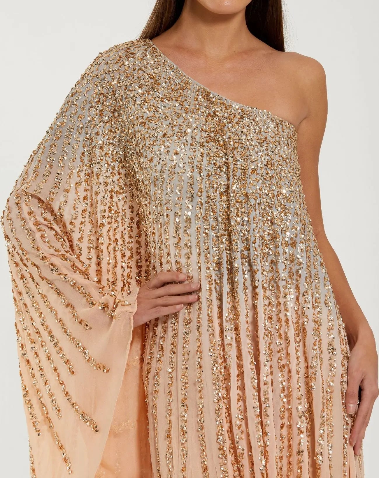 Gold One Shoulder Ombre Sequin Kaftan Dress - Close Up