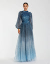 Long Sleeve Sequin A Line Ombre Gown - Blue