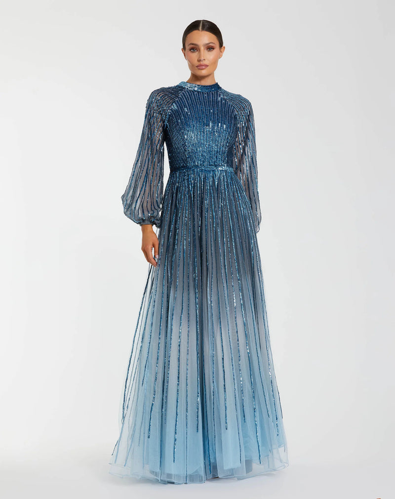 Long Sleeve Sequin A Line Ombre Gown - Blue
