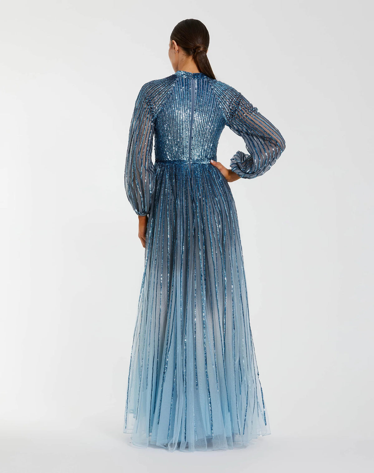 Blue long sleeve sequin A-line ombre gown