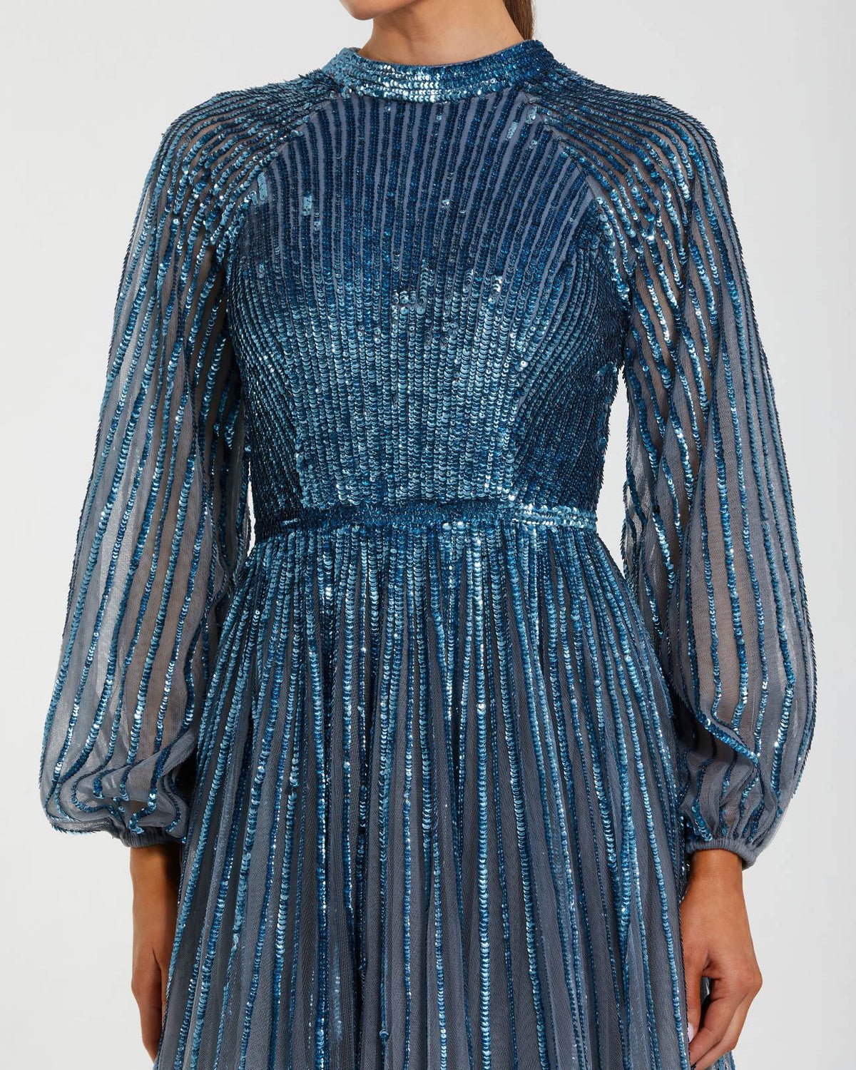Long Sleeve Sequin A Line Ombre Gown - Blue
