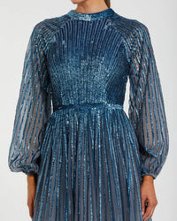 Long Sleeve Sequin A Line Ombre Gown - Blue