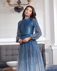 Long Sleeve Sequin A Line Ombre Gown - Blue