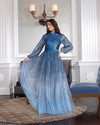 Long Sleeve Sequin A Line Ombre Gown - Blue