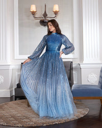 Long Sleeve Sequin A Line Ombre Gown - Blue