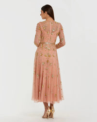 Beige Beaded Long Sleeve A Line Midi Dress - Back