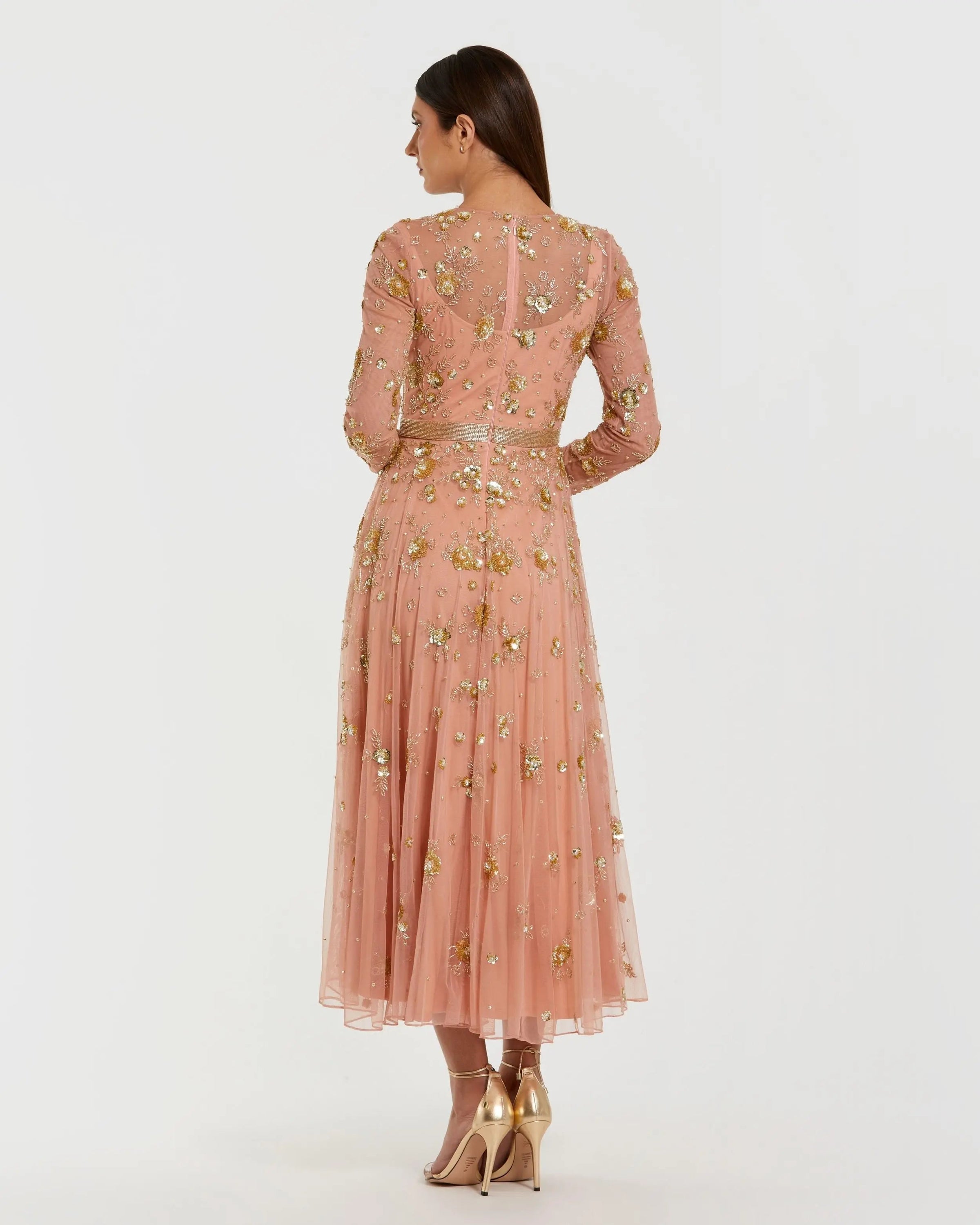 Beige Beaded Long Sleeve A Line Midi Dress - Back