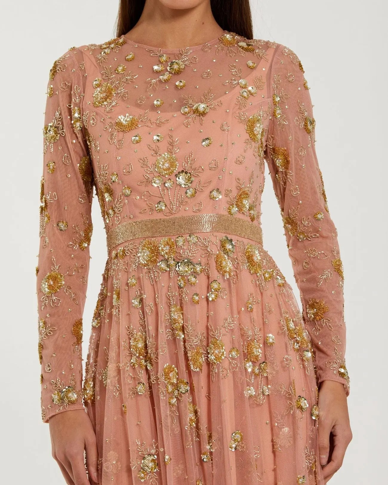 Beige Beaded Long Sleeve A Line Midi Dress - Close Up