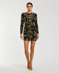 Mac Duggal #6211 black gold floral sequin mini dress