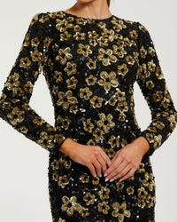 Mac Duggal #6211 black gold floral sequin mini dress close-up