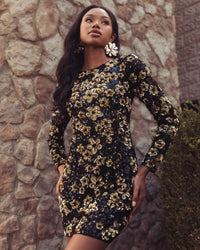 Mac Duggal #6211 black gold floral sequin mini dress lifestyle