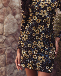 Mac Duggal #6211 black gold floral sequin mini dress lifestyle